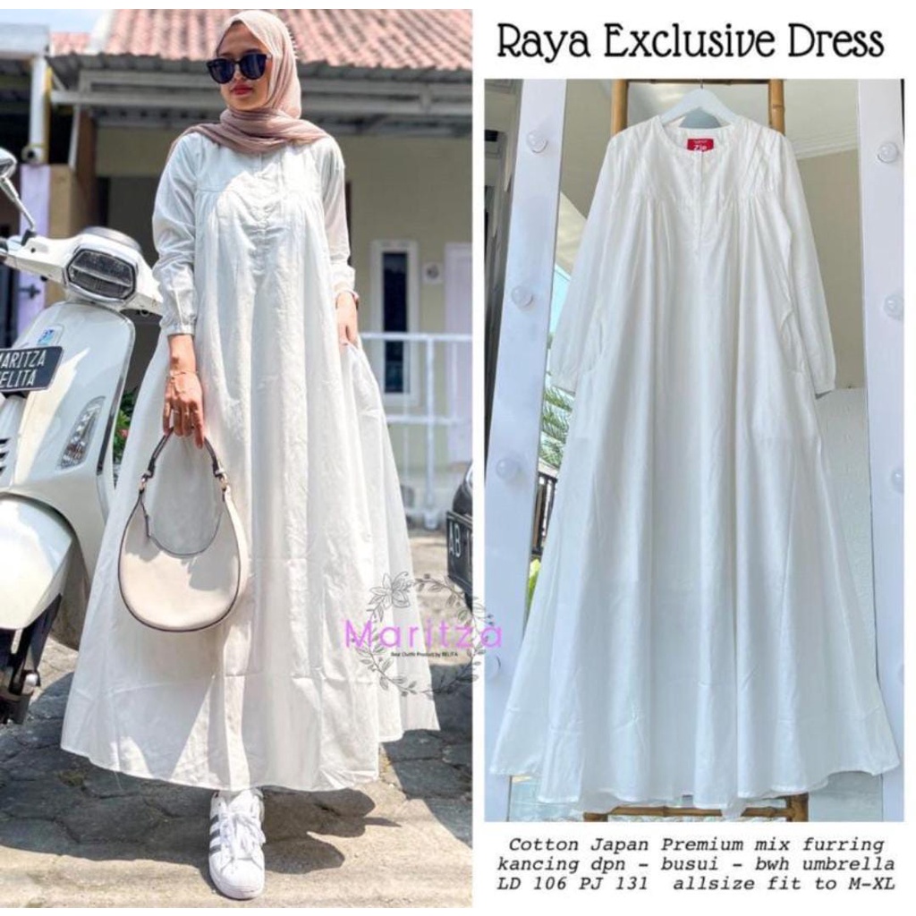 AJR- RAYA DRESS GAMIS PUTIH POLOS WANITA TERBARU BAHAN KATUN PREMIUM By MUMUFASHION SOLO