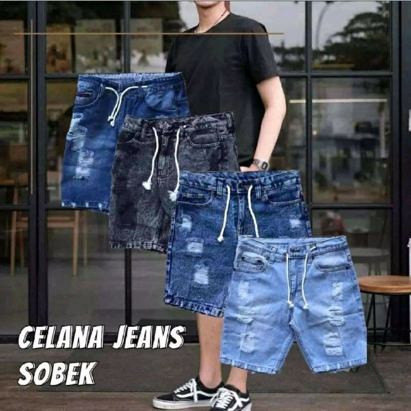 [Bisa COD] Celana Jeans Pendek Sobek Pria Wisker Jeans Pendek Ripped Robek Pria Premium Distro- Anyarbatik