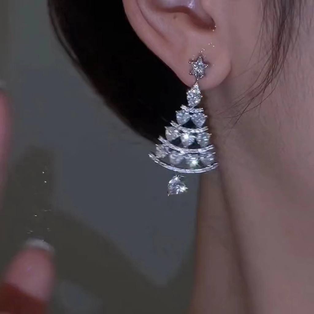 Anting Stud 925 Silver Needle Bentuk Pohon Natal Gaya Korea Untuk Wanita