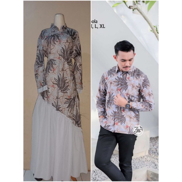 couple batik Gamis keluarga motif manggar abu