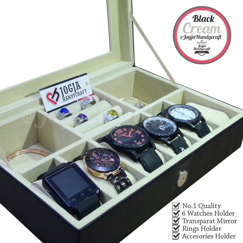 Black Cream Watch Box Mix Accesories Holder | Kotak Jam Tangan dan perhiasan (Kualitas Super)