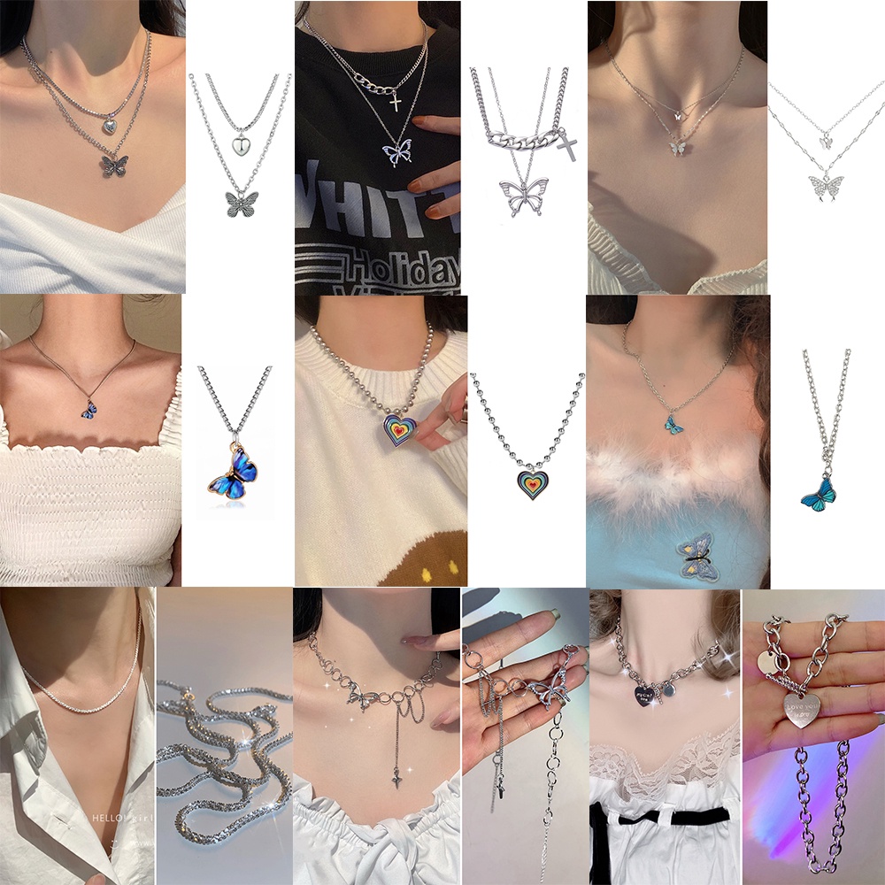 IFYOU Korea Fashion Butterfly Necklace Heart Pendant Necklace Gold Silver Chain Choker Women Jewelry Accessories