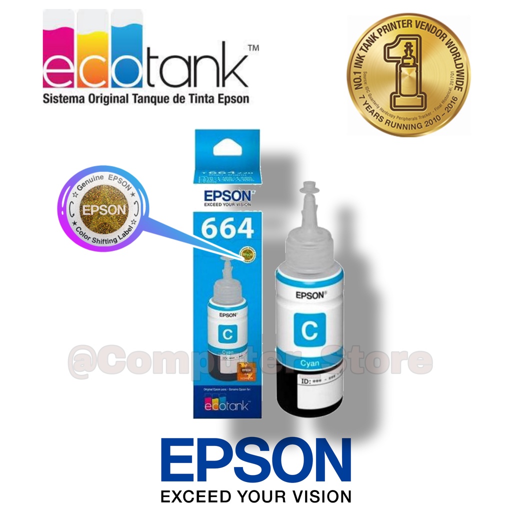 Epson Ink Bottles T664 Black Colour ( Cyan, Magenta, Yellow ) | 664 Tinta Botol Printer Hitam Dan Warna Untuk Printer Epson Seri L210, L200, L110, L100, L220, L300, L310, L350, L355, L360, L365, L380, L385, L1300, L1455 -Geniune Product