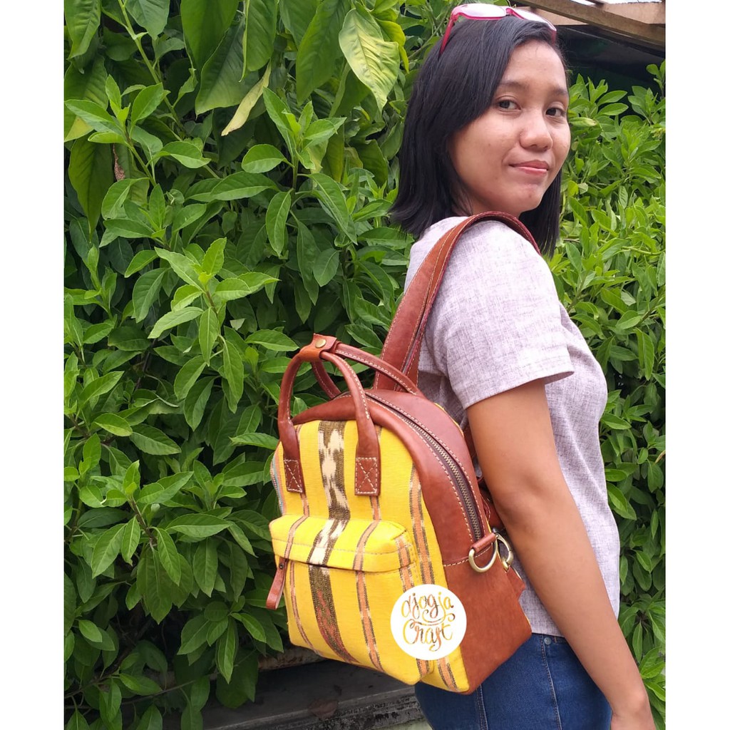 Tas Ransel Kulit Kombinasi Tenun - Kuning