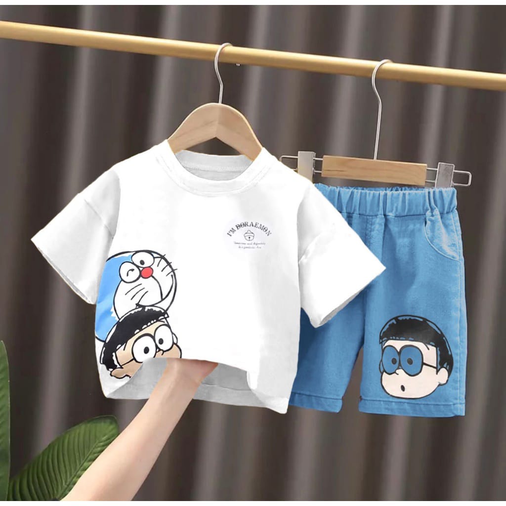 SETELAN ANAK BAJU PAKAIAN ANAK LAKI LAKI DAN PERMEPUAN SETELAN DORAEMOON 1-5 TAHUN