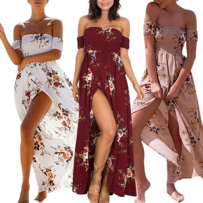 Dress Pantai Sabrina Maxi BOHO Motif Bunga Import Dress Wanita Murah - Putih, S