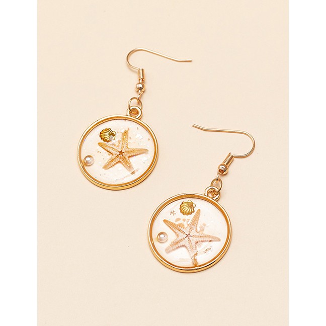 LRC Anting+Kalung Fashion White Earrings Starfish Shell Oil Drop Pearl Alloy Earring Necklace