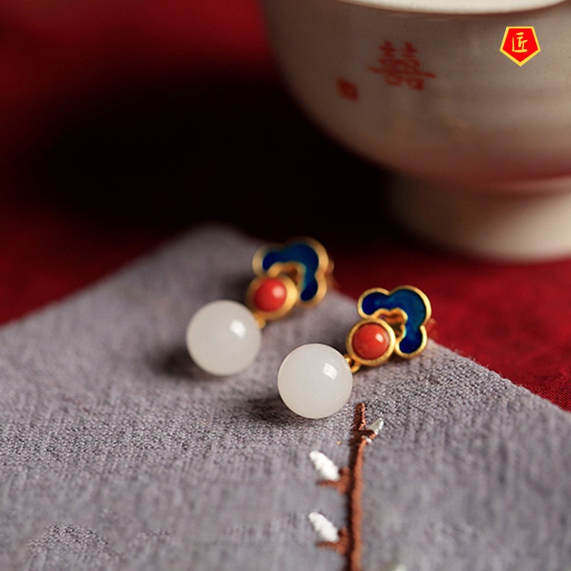 [Ready Stock]Original Design 925 Silver Natural Jade Auspicious Cloud Earrings