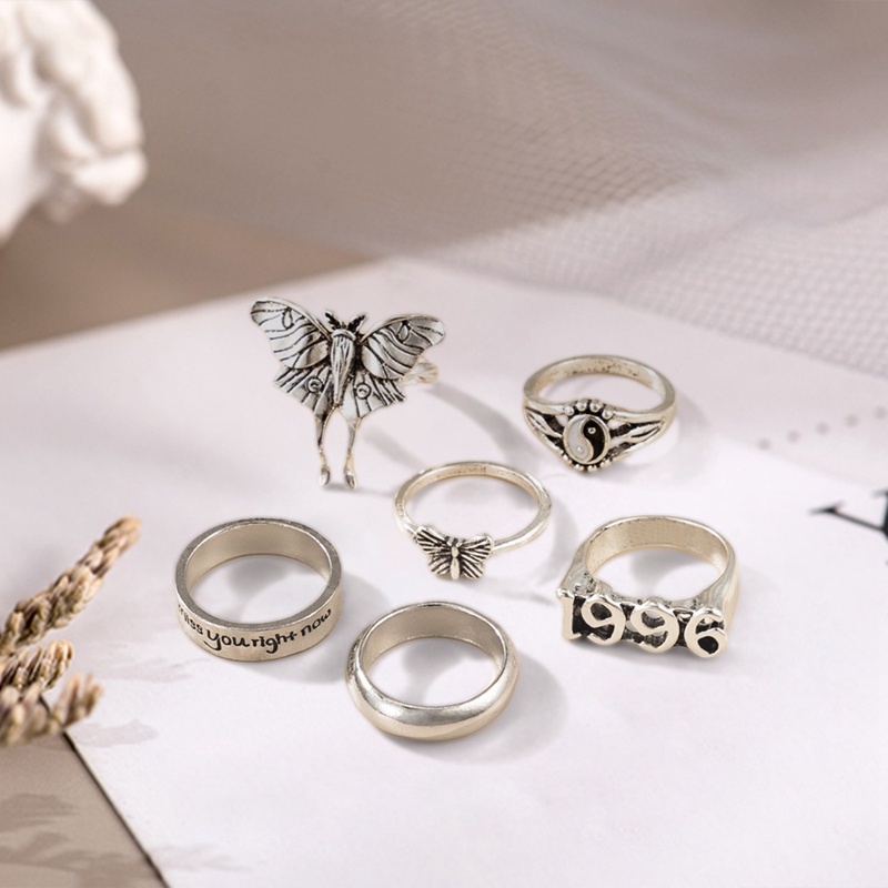 Fancyqube 6pcs / Set Cincin Desain Kupu-Kupu Tulisan 1996 Tai Chi Warna Silver Gaya Vintage Untuk Pria Dan Wanita