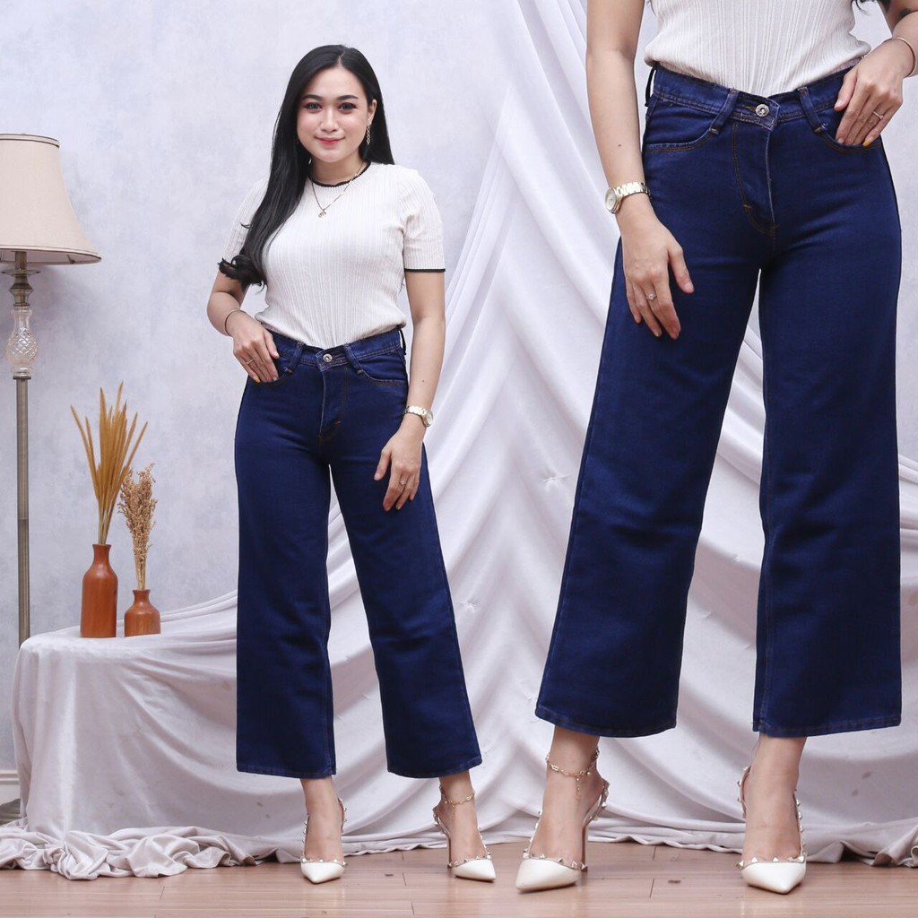 Celana Boyfriend Jeans Wanita / Highwaist Panjang ESROCTE P03 Navy Biru Muda/ /Bf Polos