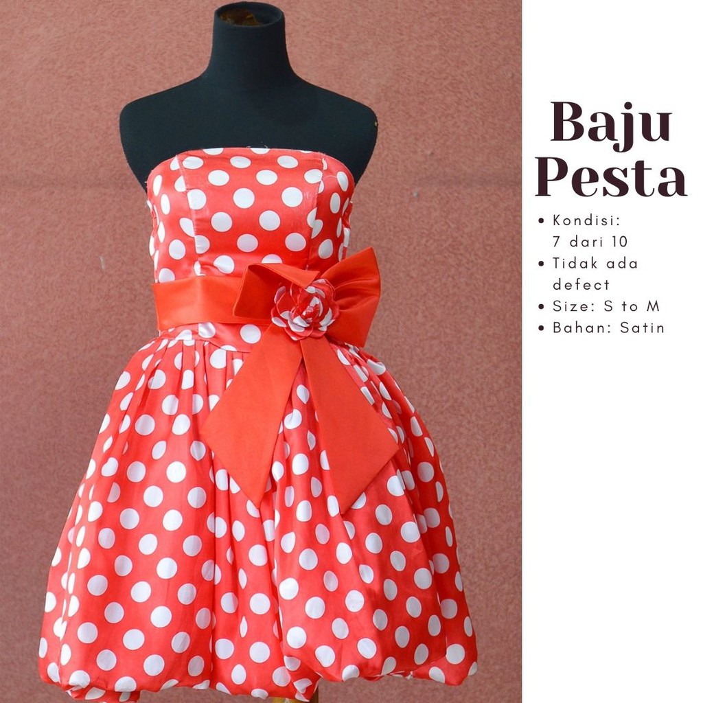 

Dress Satin Prom Ulang Tahun Warna Merah Polkadot dengan Pita