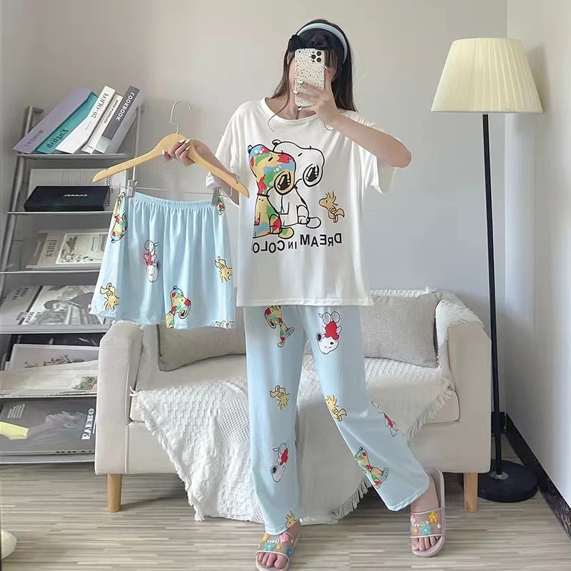 Baru set Baju Tidur Wanita Dewasa Oversize Piyama Bahan Kaos Celana Panjang & Pendek Setelan Baju Tidur 3IN1 Setelan Piyama-Duo Snoopy