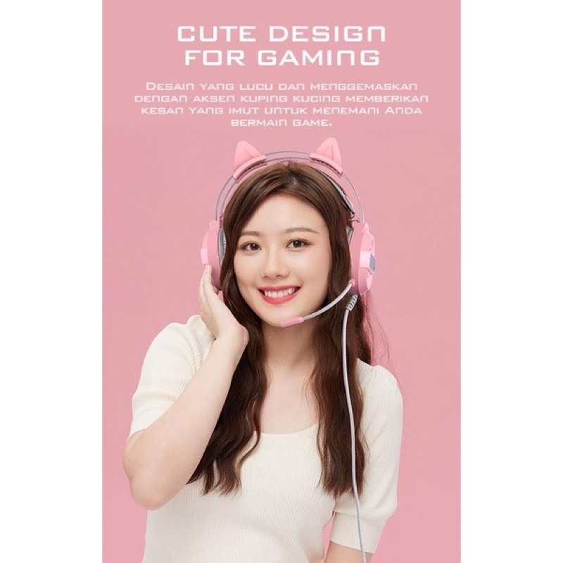 Ready Stok Headset Earphone Headphone Gaming Cat Ear GH1100 PINK LED 50MM Power Driver