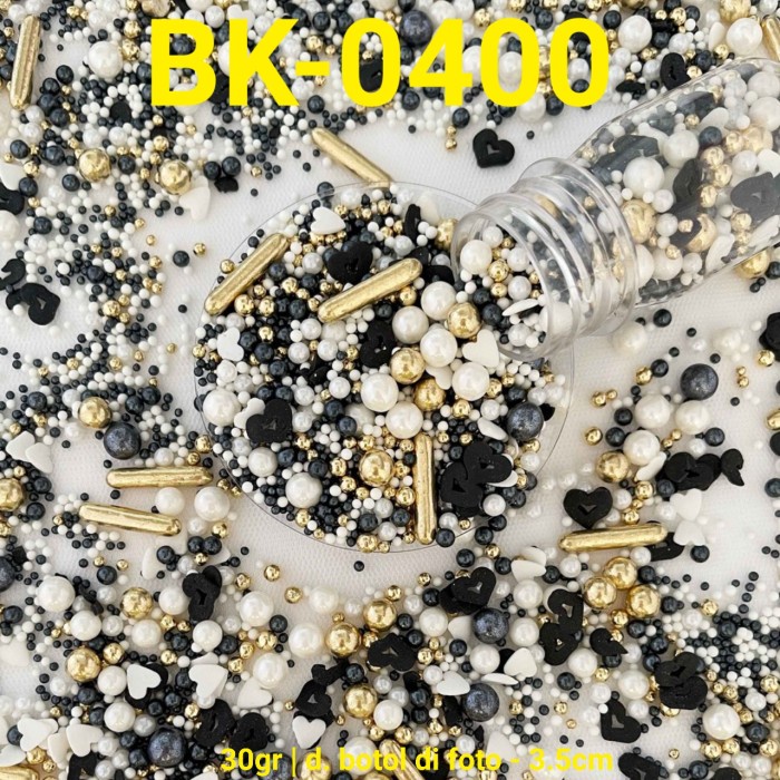

BK-0400 SPRINKLES SPRINGKEL TRIMIT 30GR MUTIARA HITAM PUTIH HATI EMAS PROMO TERBARU