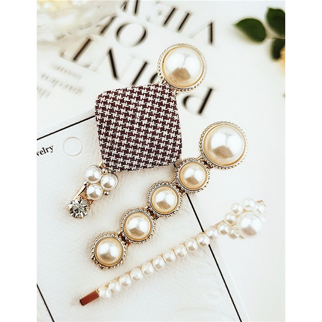 LRC Jepit Rambut Fashion Houndstooth Pearl Metal Hair Clip Set F5694X