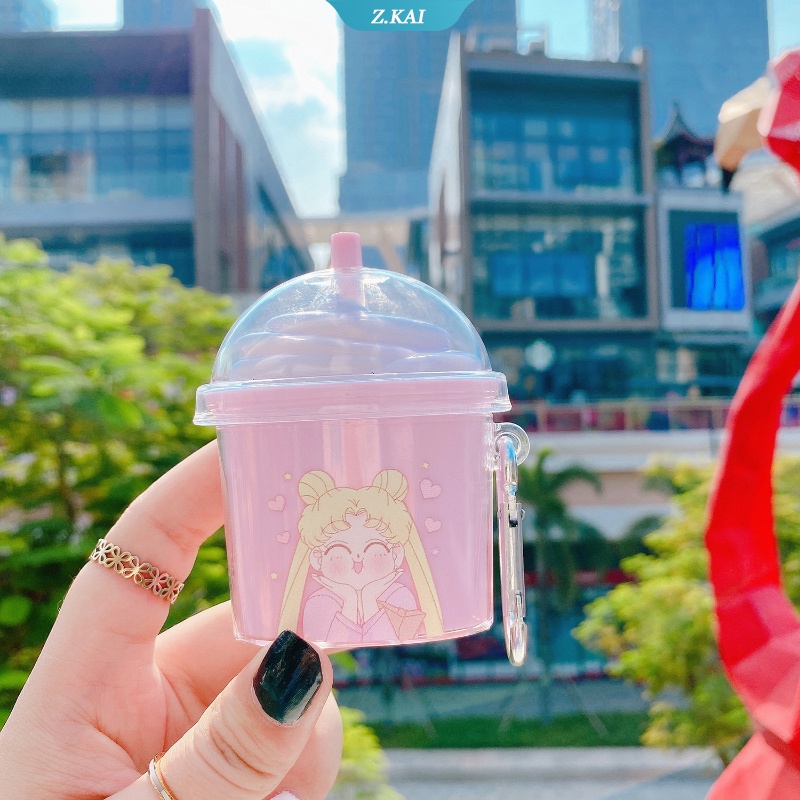 Case earphone wireless bluetooth Bentuk Kartun Sailor Moon Bahan Silikon Dengan Gantungan Kunci Untuk AirPods 1 2