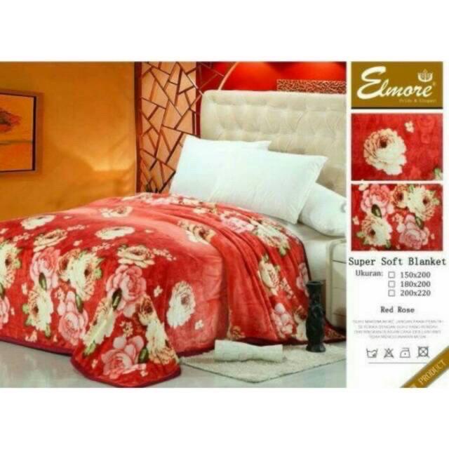 Selimut Dewasa Bulu Flanel Halus Tebal Jumbo Premium Motif Bunga / Floral Merk Elmore Ukuran 180x200 &amp; 200x220