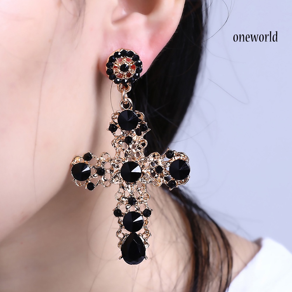 OW@ Vintage Women Rhinestone Inlaid Hollow Cross Charm Earrings Party Jewelry Gift