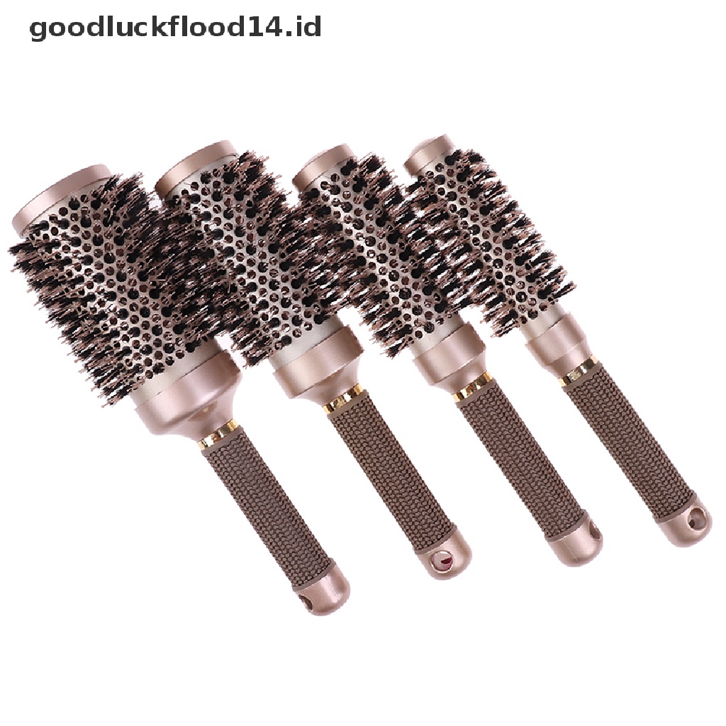 [OOID] Professional Thermal Ceramic Ionic Round Barrel Anti Slip Handle Gold Hair Brush ID