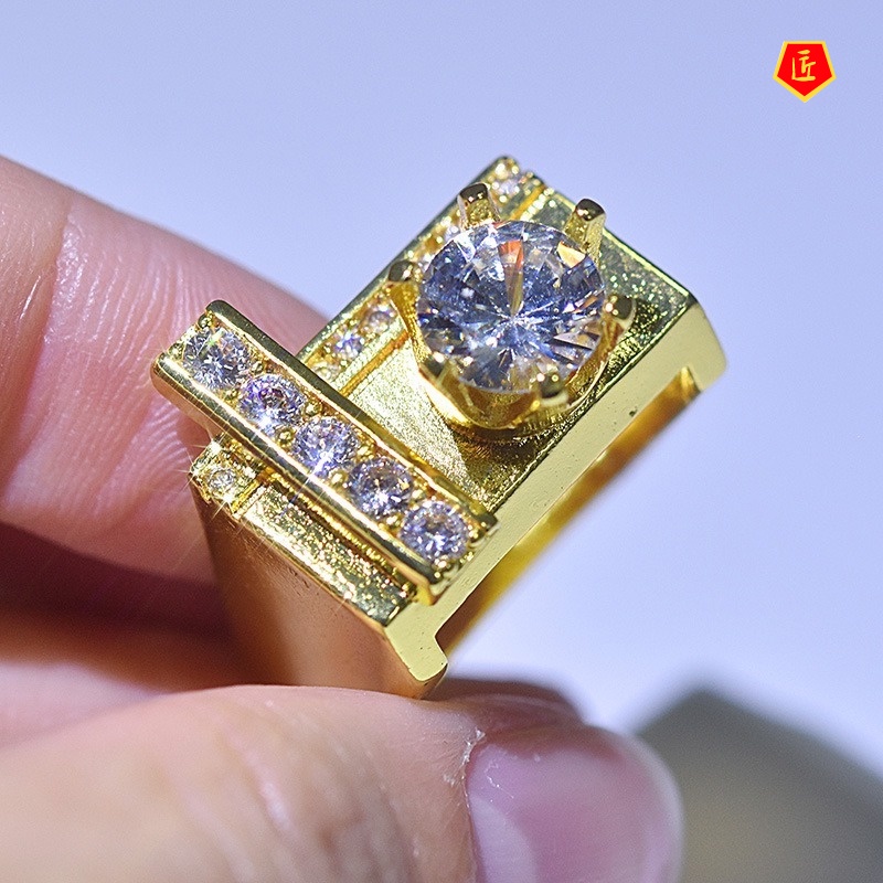 [Ready Stock]Creative Geometric Gold Inlaid Diamond Square Ring