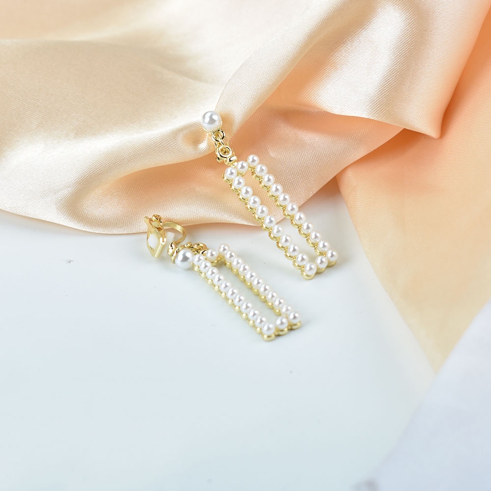 Anting Klip Tanpa Tindik Bentuk Persegi Panjang Geometris Aksen Mutiara Untuk Wanita
