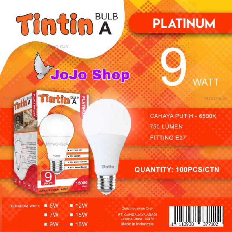 Jual Lampu Led Buld A Tin Tin Platinum 9 Watt Cahaya Putih Shopee