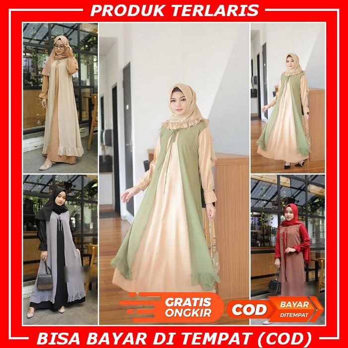 Gamis Maxi Dress Pesta/ Kondangan/ Formal Lebaran Hijau Botol Hitam Polos/ Simpel Bordir Ceruti Jumb