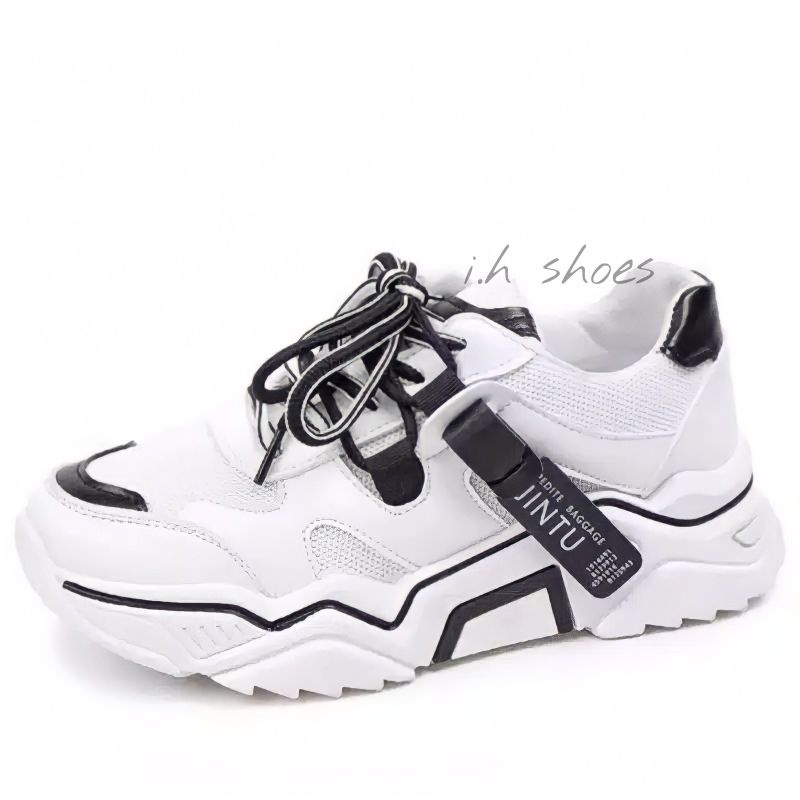 Sepatu Sneakers Snekers Snikers wanita terbaru kekinan Putih Korea Casual Olahraga sport wanita-Hitam putih