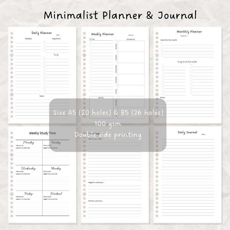 

Minimalist Binder Planner - Daily / Weekly / Monthly / Journal / Loose Leaf Agenda