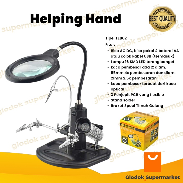 Helping Hand LED Magnifier TE802 Alat Bantu Solder Kaca Pembesar Jepit PCB TE-802 AC DC