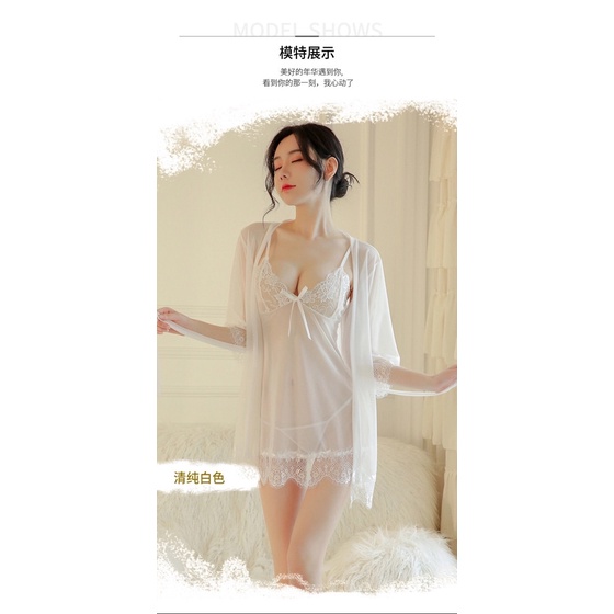 Lingerie Kimono Sexy One Set Wanita/ Baju Set Lingerie Kimono Warna Putih Transparan Baju Tidur Seksi Wanita 22-Putih 22
