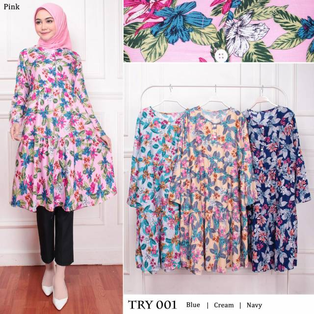 sL - Long Tunik TRY 001 (Real Pict) Tunik TRY 001 Bahan katun rayon import (yg tebal) LD 110 PJG 100