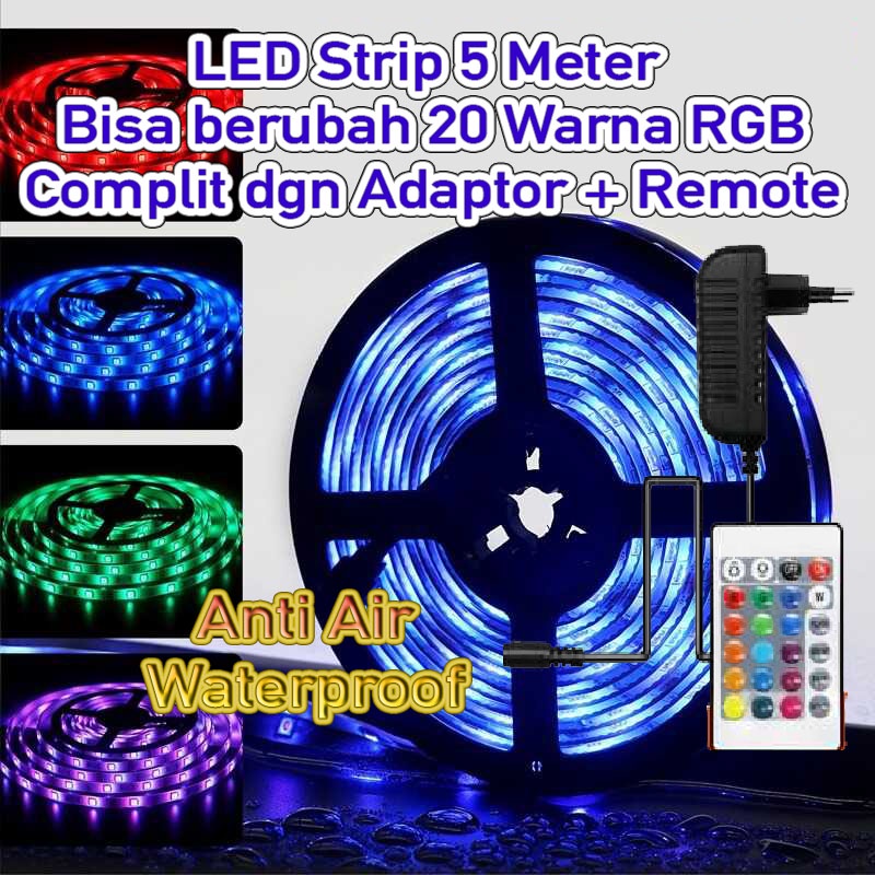 LED Strip 5M RGB Plus Remote Plus Adaptor 220V Langsung Pakai Lampu Interior Exterior Minimalis Modern Lampu Plafon Lampu Lemari Lampu Teras Anti Air Waterproof Lampu Back TV Lampu belakang TV LED Back TV Wall Remote control