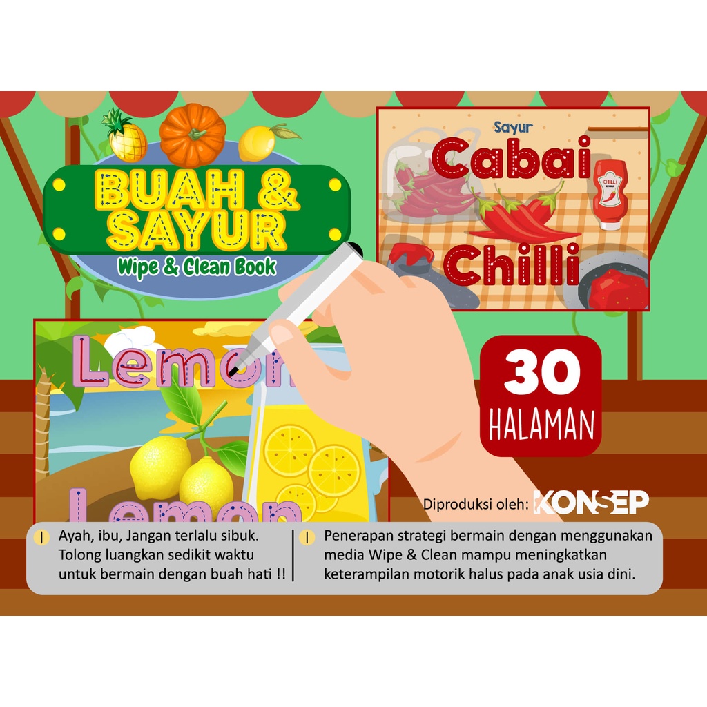 Activity Book Wipe And Clean - Seri Buah &amp; Sayur - Konsep Studio - Buku Edukasi Anak Belajar Menulis Untuk PAUD dan TK