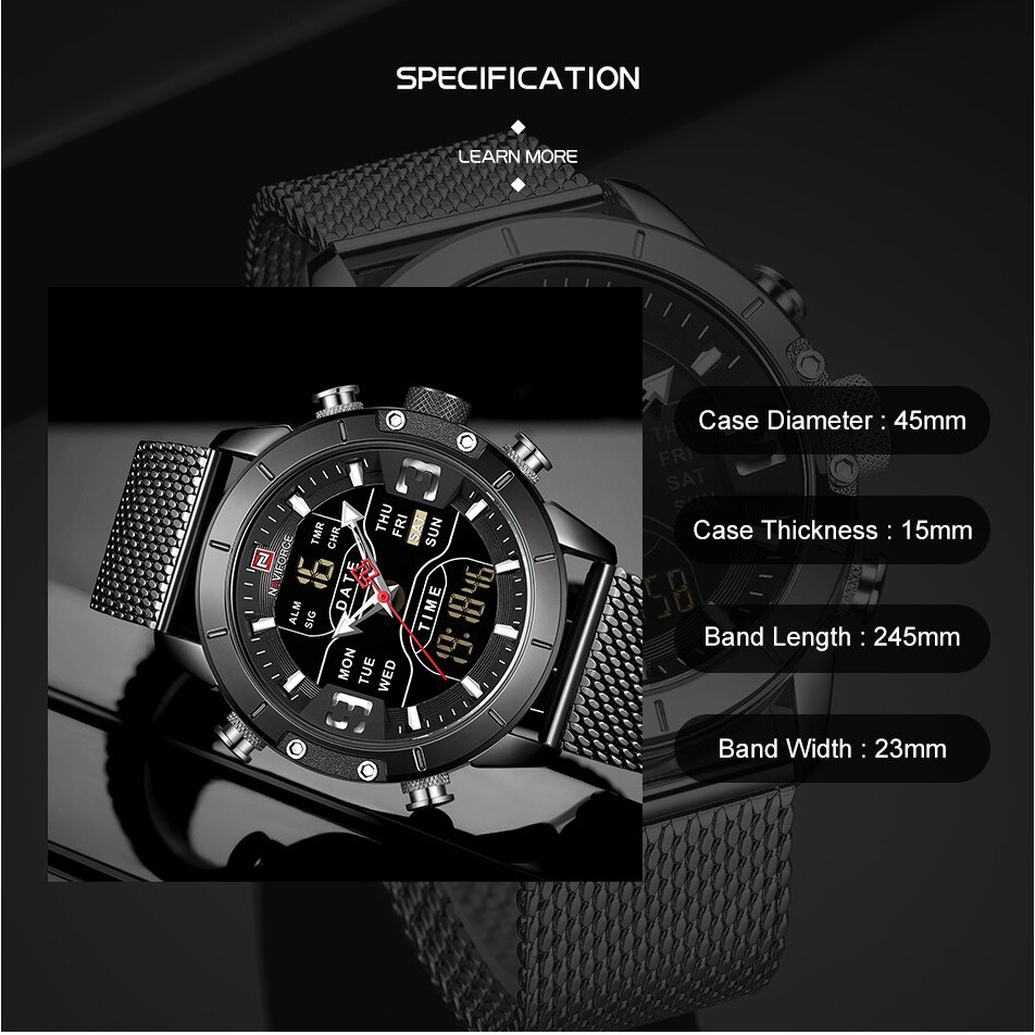 Jam Tangan Pria NAVIFORCE 9153 Analog Digital Premium Stainless Mesh Band Luxury Water Resistant