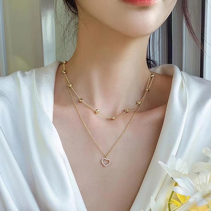 Kalung Choker Rantai Klavikula Liontin Hati Lapisan Ganda Bahan Alloy Untuk Wanita