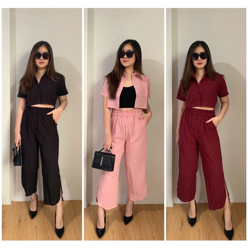 JOSHIN Set Kemeja Crop Linen - Setelan Kemeja Wanita Croptop - Oneset Lengan Pendek