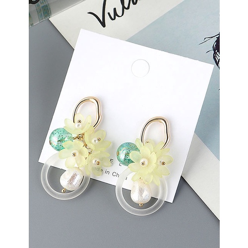 LRC Anting Tusuk Fashion Yellow Hollow Resin Pearl Flower Earrings Y63760