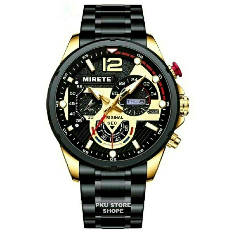 Jam Tangan Kasual Cowok Mirete Hitam Gold Black ( COD ) JAM Tangan Pria Import Tahan Air jam Tangan pria Original Rantai BESI, BAJA, Stainles Steel Jam Tangan Cowok Anti Air