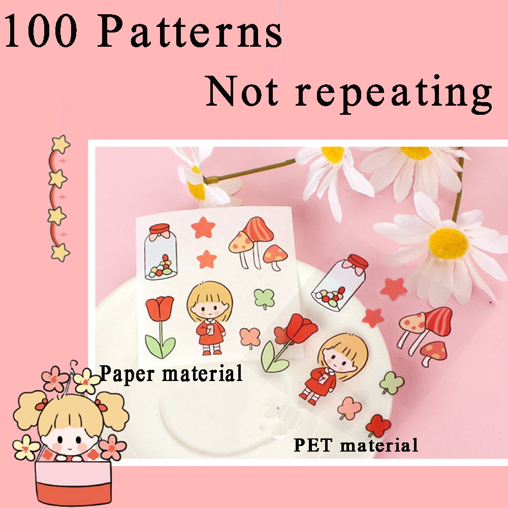 MXBEAUTY 100 pcs/box Kawaii Sticker Set Cute Pink Adhesive Decals Character Decoration Sticker Cartoon Character DIY Scrapbooking Packing Decoration Drink Food Life Pattern Gift Box Girls Rabbit Pattern Stationery