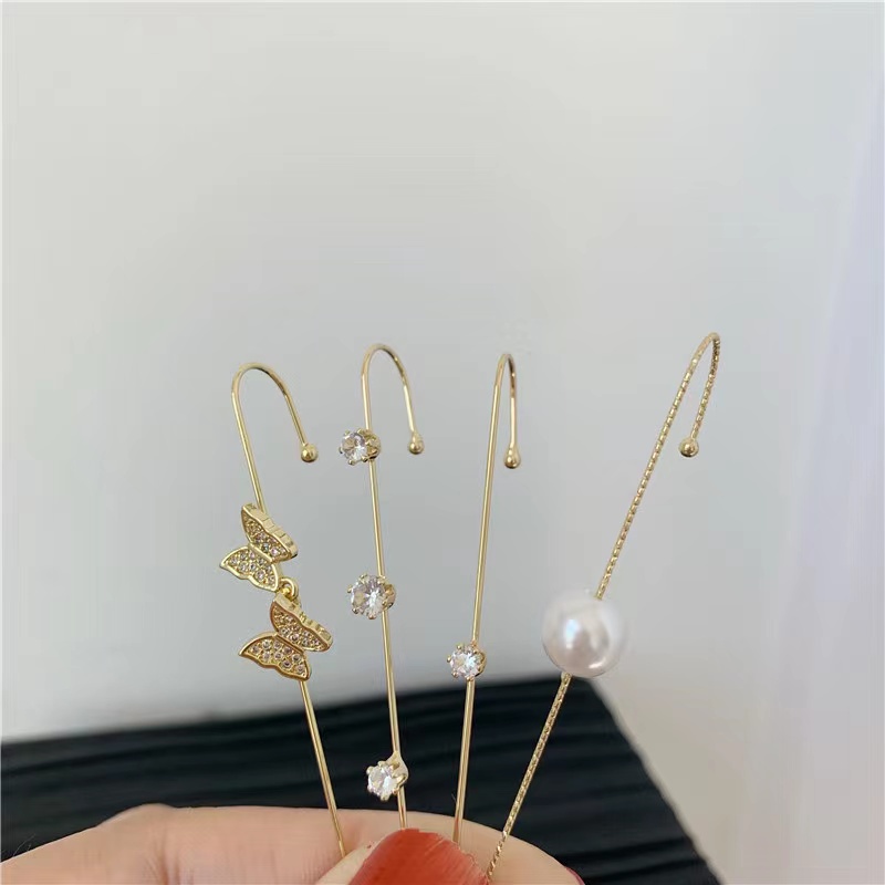 1pc Anting Tindik Zirkon -  Anting Tusuk Wanita Panjang Hias Mutiara Kristal Gaya Korea