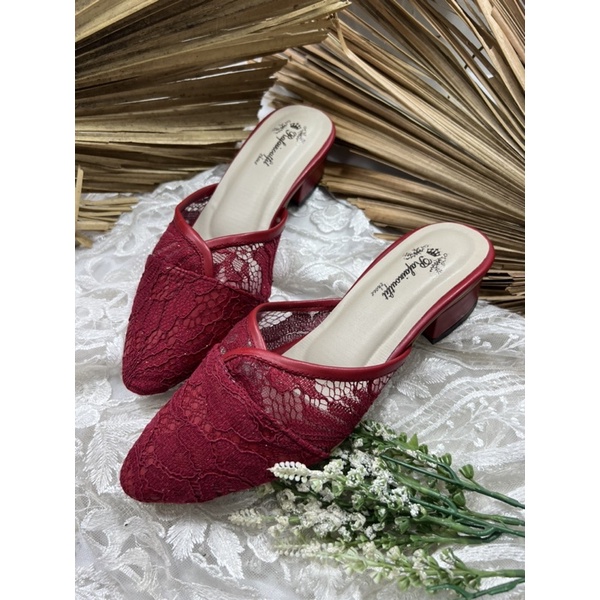 sepatu wanita merah marron cindy tanpa tali tinggi 3cm tahu