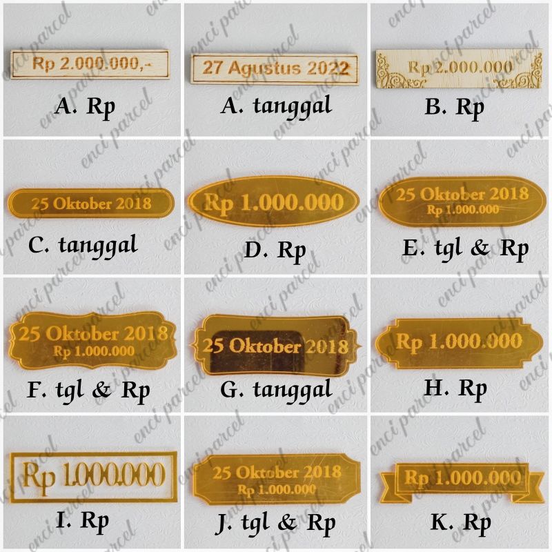 model F - K tanggal tgl nominal Rp mahar grafir bahan akrilik gold silver triplek MDF