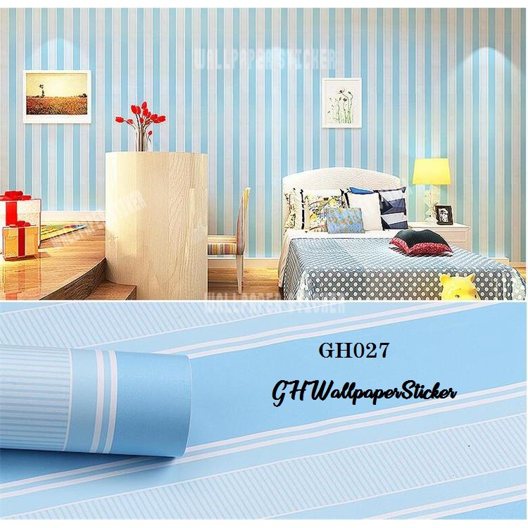 WALLPAPER STIKER DINDING ANTI AIR 45 CM X 10M - MOTIF GARIS BIRU POLOS - SOLUSI DEKORASI