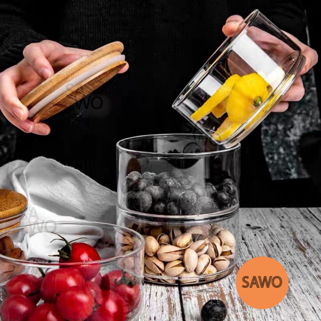 4 Layer Toples Kaca Tutup Kayu Bambu