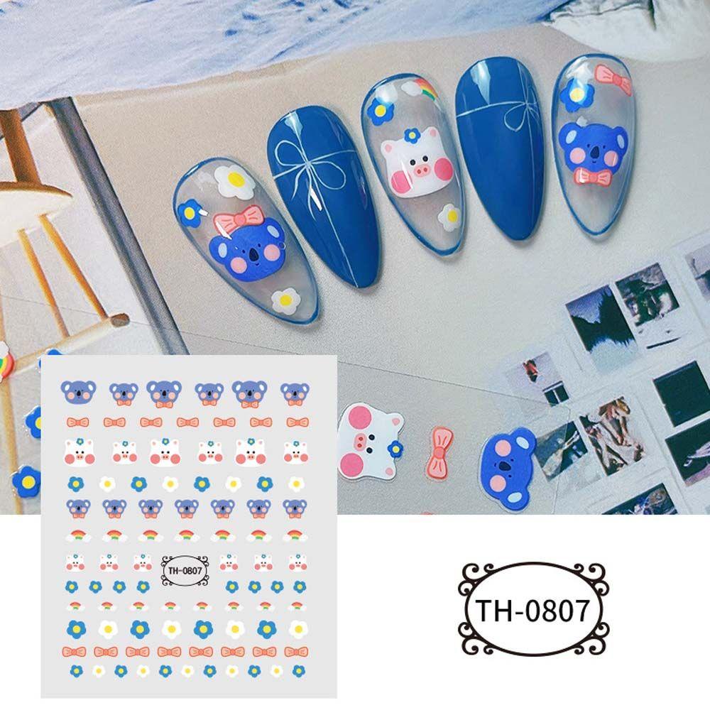 AUGUSTINA Agustina Kartun Stiker Kuku Wanita Beruang Kelinci Smiley Ikatan Simpul Self Adhesive Nail Art Dekorasi