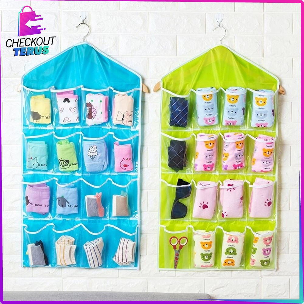 CT C134 Storage Bag Gantung 16 Saku Dinding Pouch Gantung Hanger Korean Style Organizer Rumah Perlengkapan Lemari