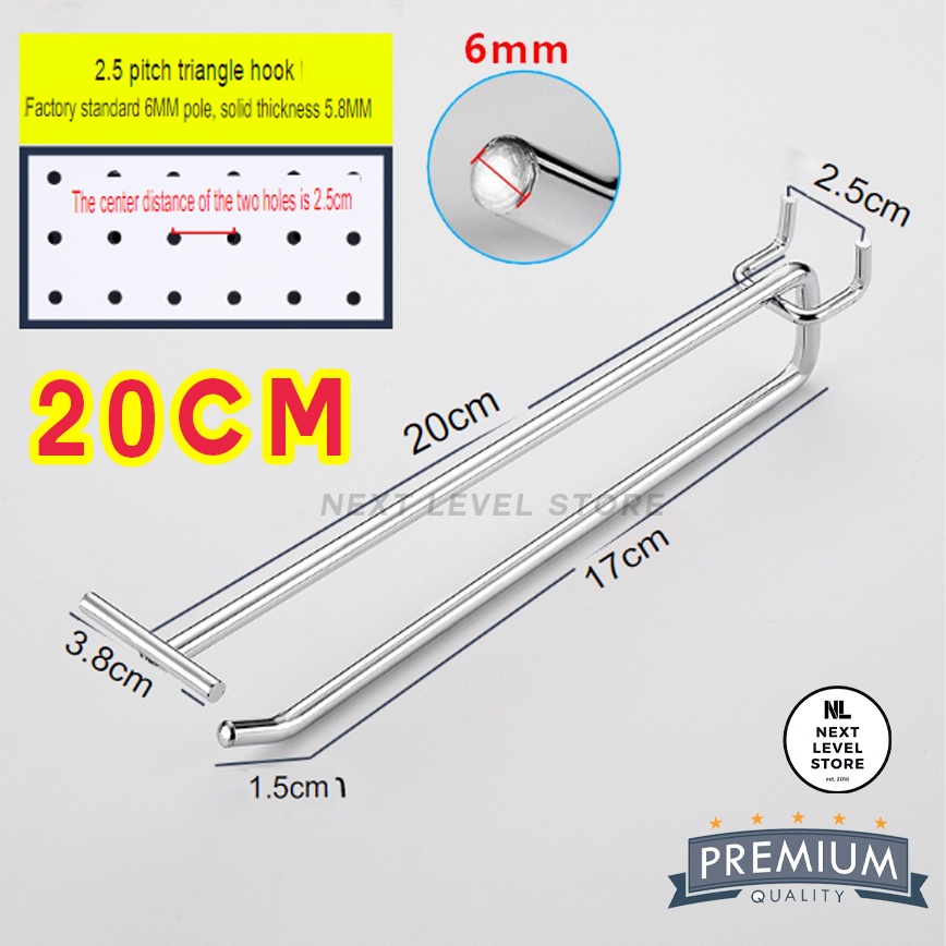 Triangle Hook Double Label 10 15 20 25 30 CM TEBAL 6mm Chrome Stainless Ram Lubang Pegboard