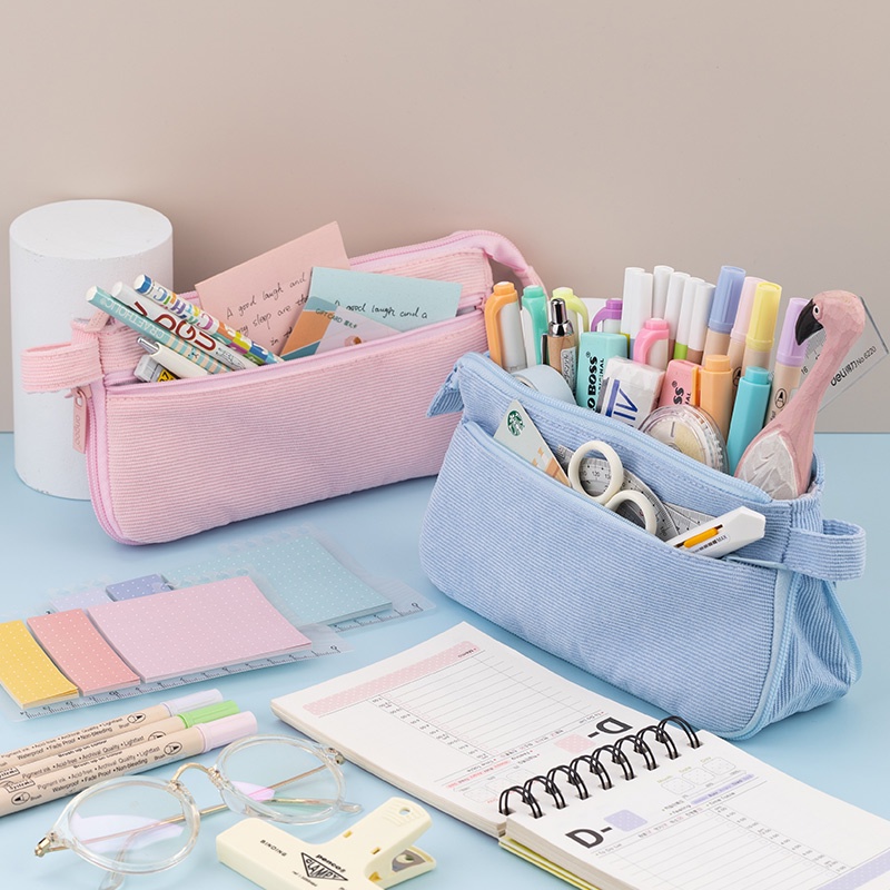 Angoo Extensible Pen Case Pencil Bag Soft Touch Corduroy Easy Handle Color Storage Pouch for Station