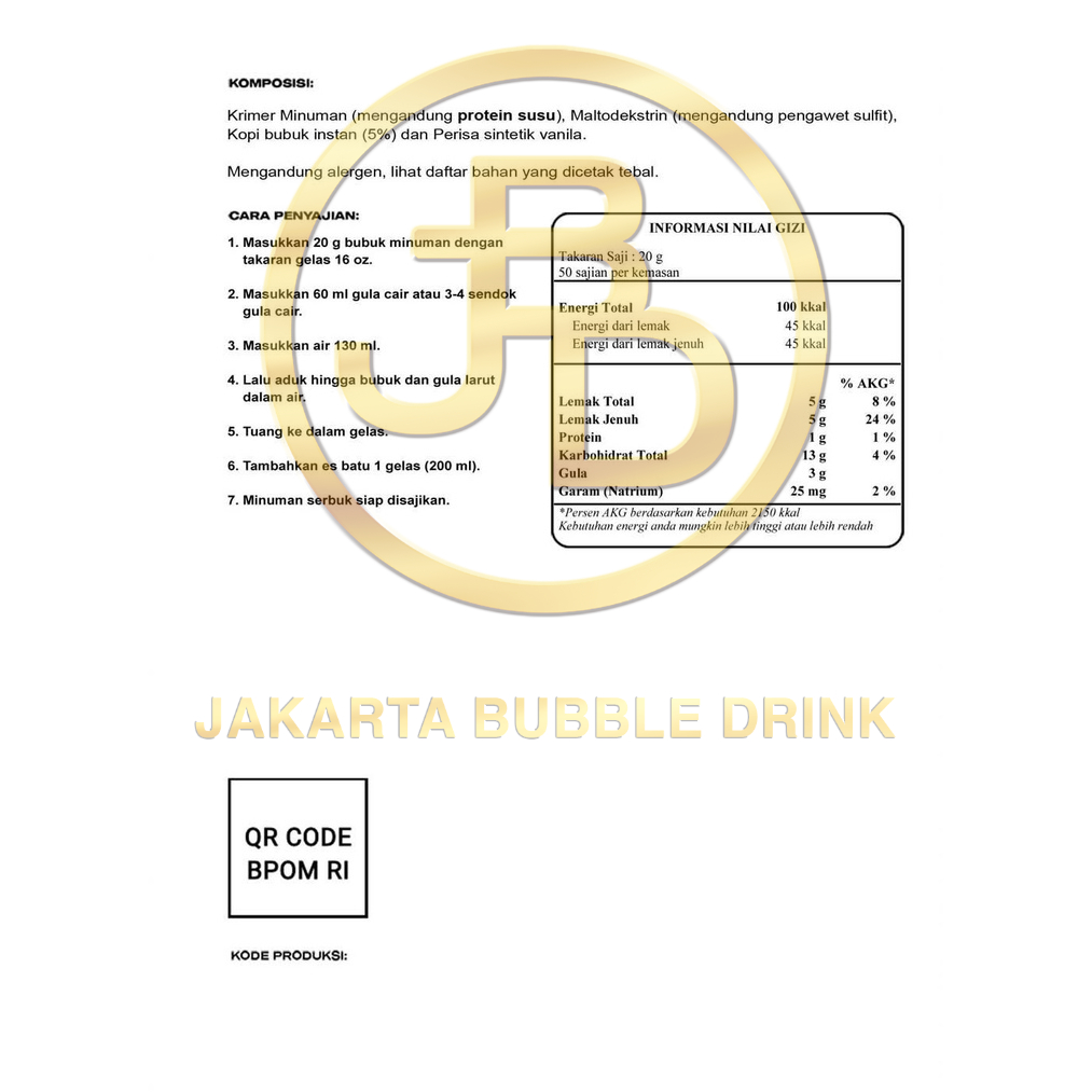 Bubuk Minuman Premium VANILLA LATTE -Jakarta Bubble Drink | BPOM&amp;HALAL